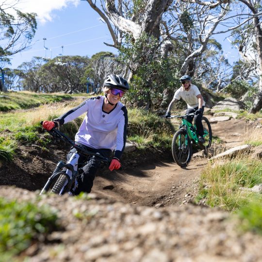 Two mountain bikers winding down a gentle gradient gravity trail