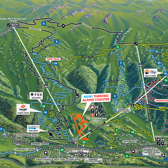 A stylised map of Thredbo’s mountainside with MTB trails overlaid on top of them